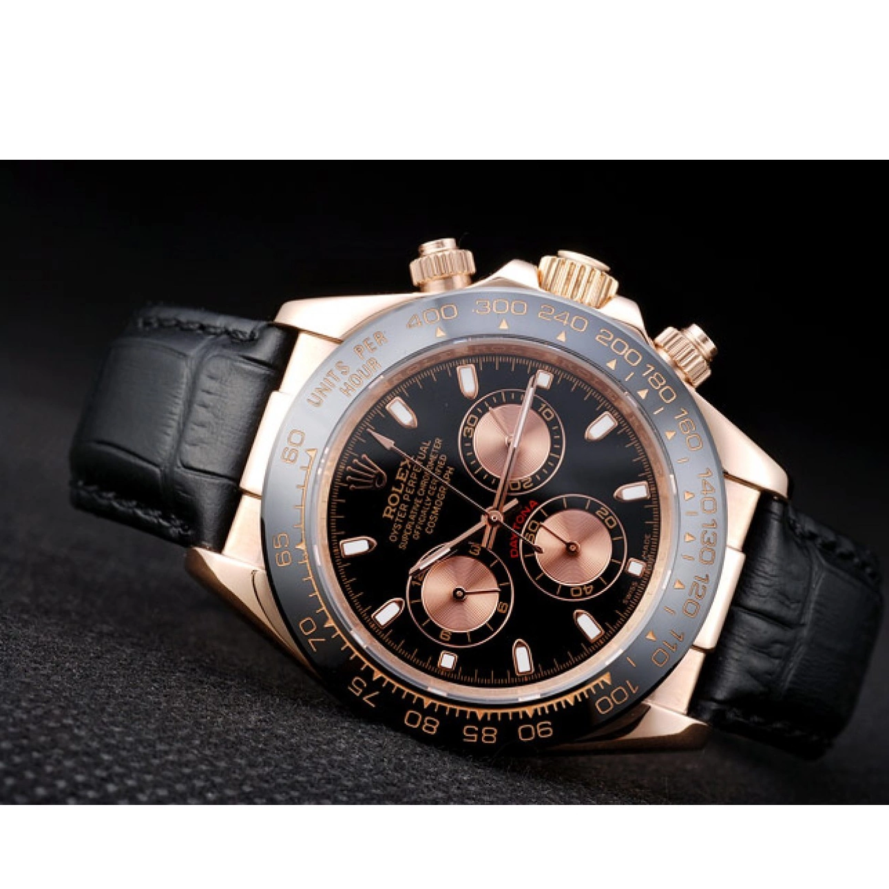 Aaa replica Gold Rose Rolex Black Leather Black Case Daytona Dial Strap 0706